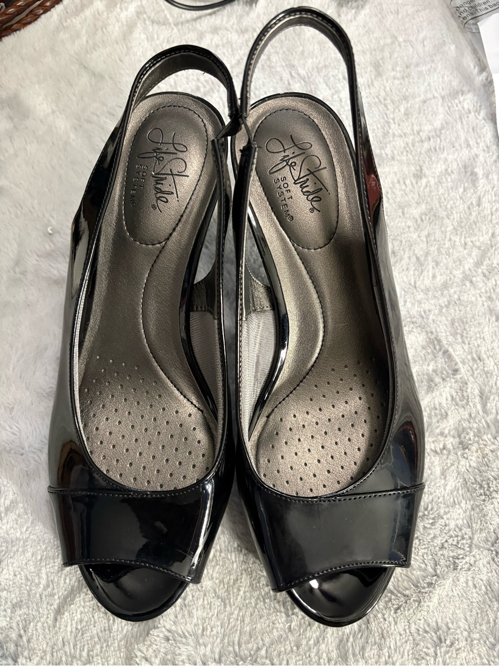 Life Stride Black Patent Peep-Toe Slingback Heels